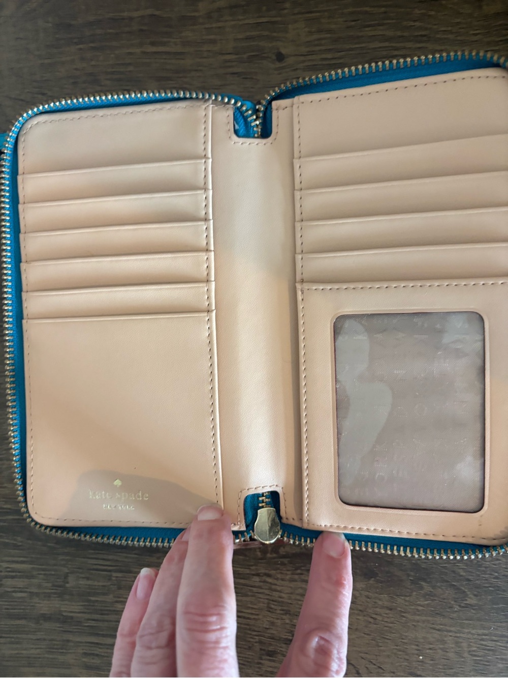 kate spade teal and tan zip-around wristlet clutch - Picture 2 of 3